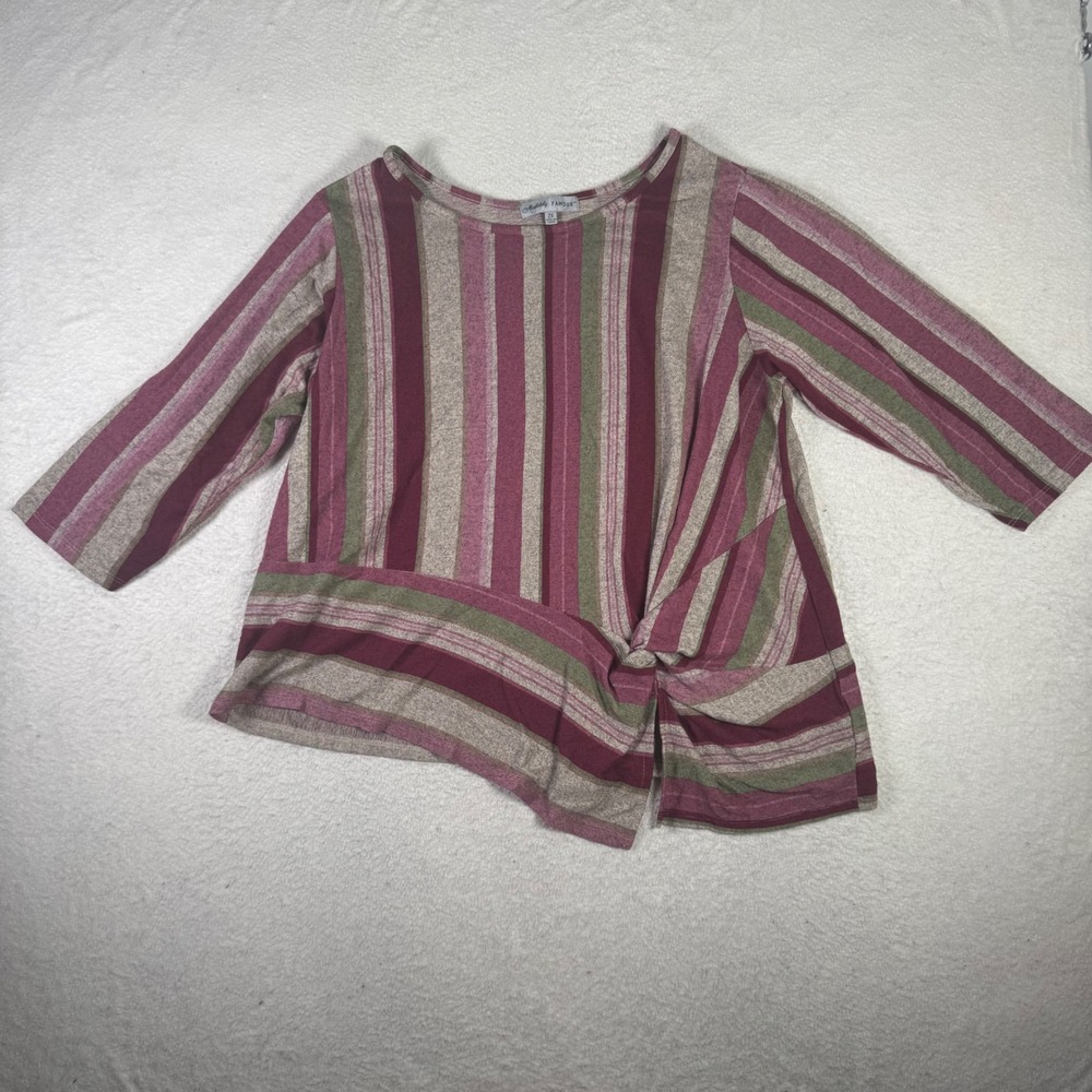 Absolutely Famous Knit Top Womens 2X Burgundy Striped Front Knot 3/4 Sleeve